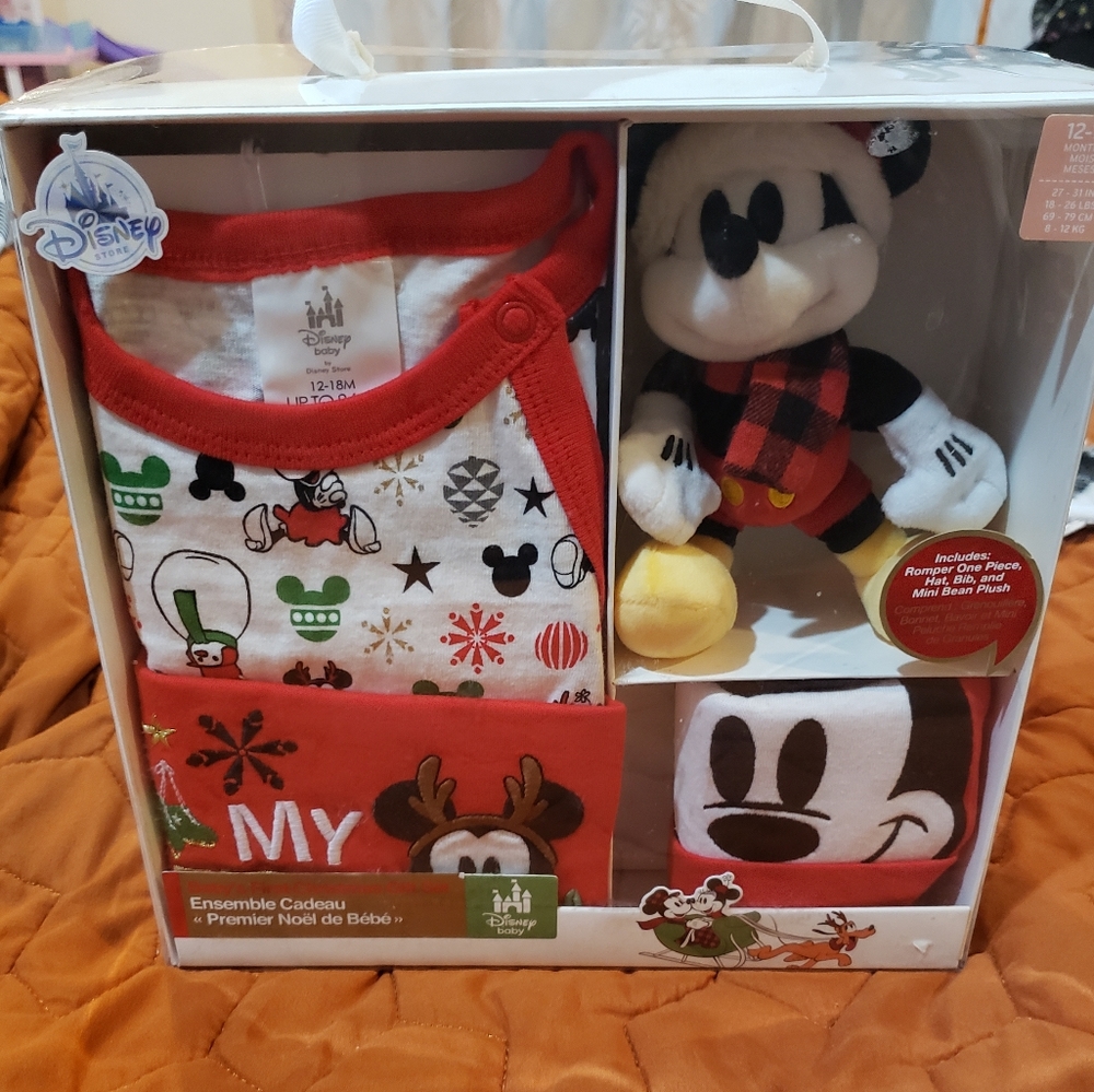Disney 1st Christmas Layette Set Mickey Romper, Hat, Bib & Toy NEW 12-18…